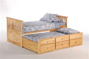 The 'Captins Bed' style sits taller than a regular Day bed, and has both a Trundle and Drawers for storage!